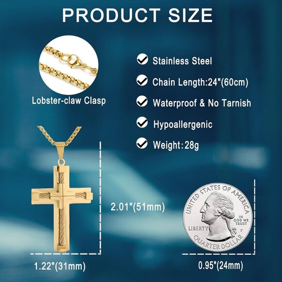 Men's 2.01 Inches Stainless Steel Cross Jesus Christ Rolo Chain Necklace - Picture 8 of 9